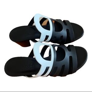 HERMES Celena Leather Miles Black and White  Mules Sz 38
